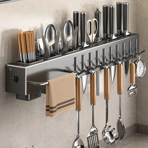 Cooking Utensils Holder Wall Mounted Storage Organizer Kitchen Knives Rack Smart Kitchenware Organizer with Steel Hooks