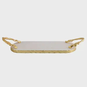 Luxury White Marble Storage Tray with Gold Leaf Handles for Jewelry & Coffee Table Organization