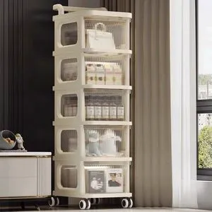 Custom Home Furniture 4 Tier Trolley Storage Shelves Plastic Container Storage Box With Wheels