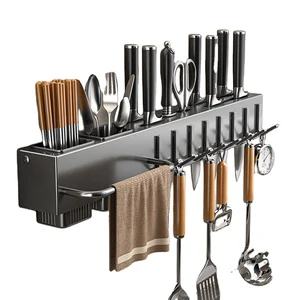 Cooking Utensils Holder Wall-mounted Storage Kitchen Knives Rack Smart Kitchenware Organizer with Steel Hooks