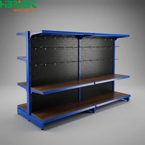 Large Scale Production Double Sided Gondola Shelving With Pegboard Back Panel Metal Hooks Wood Grain Layer For Supermarket