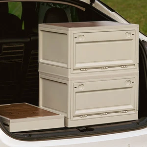 Large Capacity Plastic Foldable Storage Box Collapsible Closet Organizers with Wood Lid Wheels Container for Camping Car Clothes
