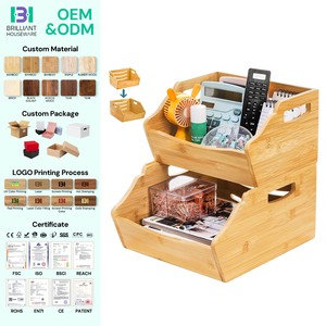 BH 2 Tier Organize Basket Box Countertop Open Front Stacking Bins Bamboo Stackable Storage Bin For Cabinet Kitchen Studio Office
