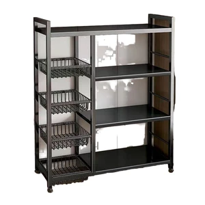 Multifunctional Kitchen Organizer Metal Vegetable Basket Trolley Movable Rolling Cart with Microwave Oven Storage Rack