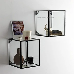 Square Shape Metal and Glass Black Finished Wall Hanging Display Box Shelves Storage Cabinet for Home Decoration