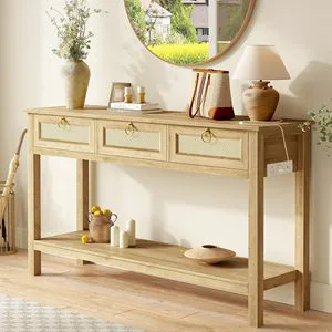 Antique Rattan Console Sofa Table With Drawer Entryway & Foyer Hallway Storage