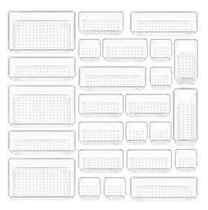 25PCS Clear Plastic Drawer Organizer Trays Set 4-Size Versatile Bathroom Vanity Drawer Organizer Tray