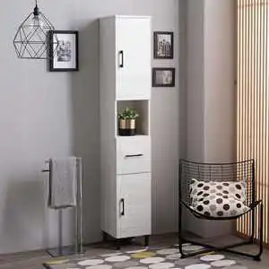 190cm Tall Modern Ravenna Three-Layer Storage Unit in White Oak for Living Room with 2 Doors and a Drawer