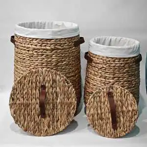 JY 2 Sets Large Round Wicker Basket for Clothes Storage Water Hyacinth Rattan Hamper Woven Laundry Hamper with Lid