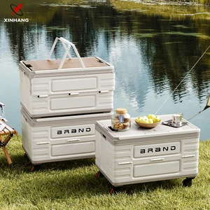 Xinhang PP Square Foldable Outdoor Storage Box with Wheels Large Capacity Plastic Box Manual Grocery Truck with Telescopic Pole