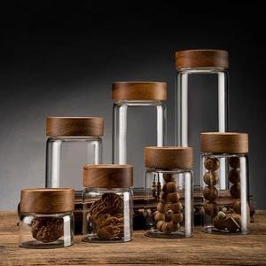 Home Kitchen Storage Bottles Jar Thread Wood Lid Sealed Food Container Tea Coffee Beans Grains Candy Glass Jars