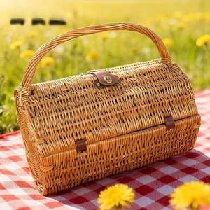 Outdoor Hand-Held Wicker Rattan Woven Meal & Snack Basket with Rectangle Design