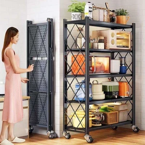 Modern Strong Steel 5-Layer Adjustable Foldable Metal Storage Shelf Rack Baking Paint Wheels Standing Type Installation for