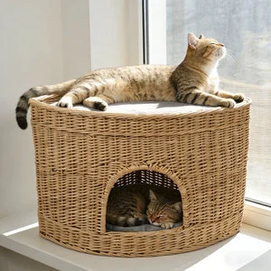 Best Selling 2026 New Design Rattan Wicker Cat Dog Bed Cave House Storage Basket Coffee Table Side Removable Washable Cushion