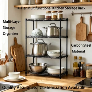 4-Layer Adjustable Carbon Steel Storage Rack for Living Room Kitchen & Bathroom-Multifunction Standing Stacking Shelving