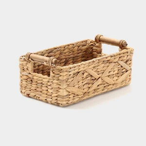 Handwoven Water Hyacinth Rectangular Basket with Wooden Handles and Natural Texture