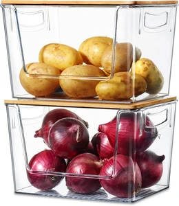 Clear Stackable Storage Containers Plastic Open Front Storage Bins with Lids Handle Kitchen Organizer