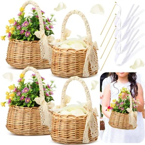 Hand Woven Wedding Flower Girl Baskets with Handle and Ribbon Wicker Rattan Gfit Basket for Home Garden Decor