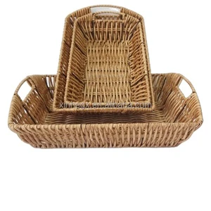 XH Set of 3 Handwoven Decorative Organizer Durable Wicker Polyrattan Food Grade Plastic Rattan Trays Food Storage Basket