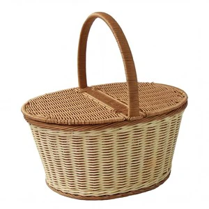 PP Plastic Synthetic Rattan Woven Picnic Basket With Lid And Handle Outdoor Camping Food Storage Wicker Basket For Fruit