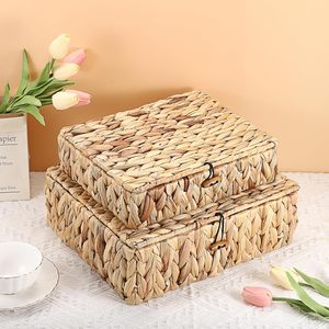 2 Packs Rectangular Decorative Storage Box with Lid Water Hyacinth Woven Stackable Storage Organizer for Shelf Home Closet