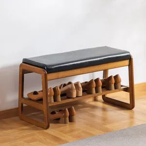 2-Tier Wood Shoe Rack Entryway Convenient Stackable Free Standing Shelf Shoes Rack Stand Organizer with Black Seat Cushion