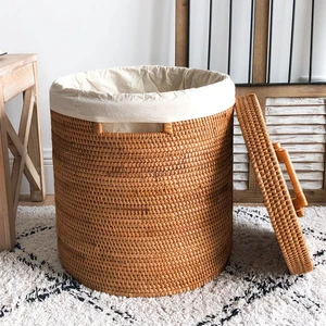 Large Rattan Laundry Basket with Lid and Removable Liner Handmade Wicker Laundry Hamper for Bedroom Bathroom Home Storage