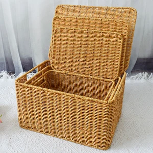 Cheap Plastic Rattan Picnic Basket With Lid Handles Brown Wicker Storage Bin PP Woven Natural Rattan Storage Basket