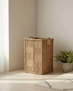 Decorative Rattan Wicker Storage Basket with Handles Durable Laundry& Clothing Organizer for Home
