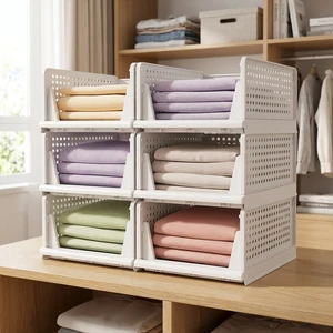 Space-saving Foldable Stackable Storage Bin with Open Front, Collapsible Closet Organizer for Bedroom Clothes