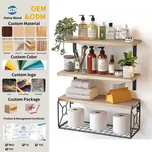 Bathroom Shelf For Wall Natural Wood Rectangular Saving Storage Basket Floating Wall Shelf Kitchen Living Room Carved Farmhouse