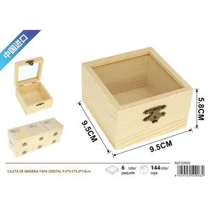 Wooden Decorative Storage Box with Glass Lid 9.5x9.5x5.8x1.8cm for Home Organization