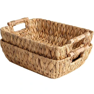 Hand-Woven Large Storage Baskets With Wooden Handles Water Hyacinth Wicker 2-Pack