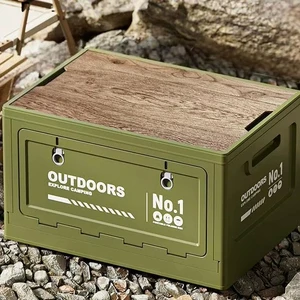 Double Front and Rear Doors Grid-pattern Wood Grain Cover Large Capacity Outdoor Foldable Storage Box Meet Daily Outdoor Usage