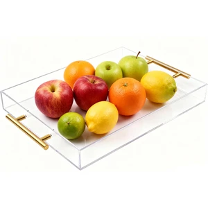 Clear Acrylic Serving Tray with Metal Handles,Easy to Assemble,Decorative Storage Organizer with Spill-Proof Design