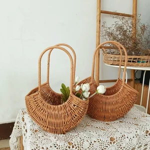 Handmade Plastic Wicker Flower Holder Rattan Storage Basket Flower Baskets Wall Hanging Basket Standing Type with Long Handles