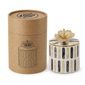 Trending White Marble Stripe Decorative Storage Jar with Gold Flower Lid Luxury Home decor Candy Container Latest Design Gift