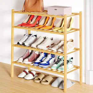 Four-Layer Bamboo Glossy Finish Rectangle Space Saving Adjustable Stackable Free Standing Shoe Rack Organizer