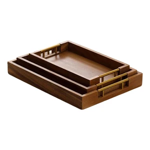 Set Of 3 Coffee Table Serving Trays Vintage Acacia Wood Multifunction Storage For Living Room & Kitchen Breakfast Party Ottoman