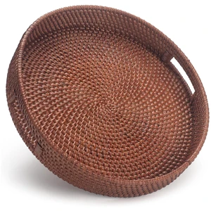Round Rattan Tray, Decorative Coffee Table Tray, Ottoman Tray, Woven Serving Tray With Handles, Wicker Serving Basket