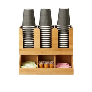 6 Compartment Coffee Condiment Organizer Storage Rack, Paper Cup Holder, Bamboo Wood Material, for Kitchen and Office
