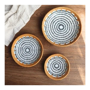 Hand Woven Rattan Serving Tray Ceramic Candy Tray Decorative Wicker Food Basket for Table for Amazon FBA Product