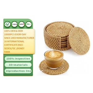 Handmade Rattan Coasters And Stands Natural Round Woven Coasters Set Of 6 Twine Wicker Bohemian Home Decor