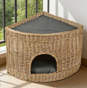 Natural Willow Rattan Cat Bed House Pet Cave Den With Cozy Cushion Handmade Woven Basket Hideout Furniture For Small Cats Kitten