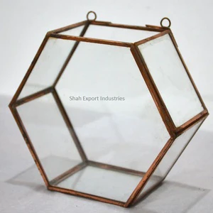 Antique Gold Brass Frame Glass Box Hexagon Shape Wall Hanging Decorative Shelves Storage Box For Home Living Room Decor