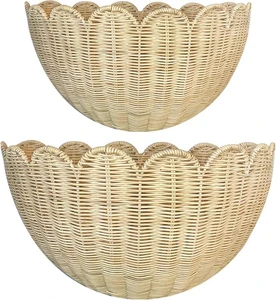 Scalloped Wall Basket, 2pcs Hand Woven Hanging Wicker Wall Baskets Set, Scalloped Rattan Wall Storage & Decor for Home Wholesale