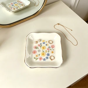 Luxury Modern Geometric Blank Ceramic Cosmetic Storage Tray Gold Rim Multi-Functional Heat Resistant Home Decor Perfect