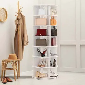 Wooden 360 Rotating 7-Tier Shoe Rack & Toys Organizer Tall Tower Free Standing Space Saving Living Room Storage Cabinet