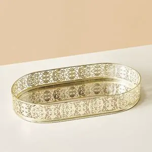 Serving Tray Antique Metal Handmade High Quality Light Weight Fancy Oval Shape Unique Table Top Storage Home Organization Round