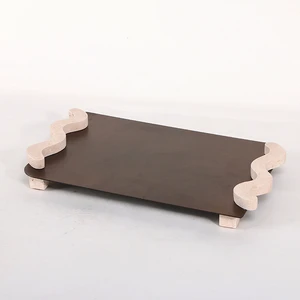 Wavy Travertine Handle Metal Handmade Modern Luxury Serving Tray Retro Bronze Flat Decor Storage Ornament for Decor